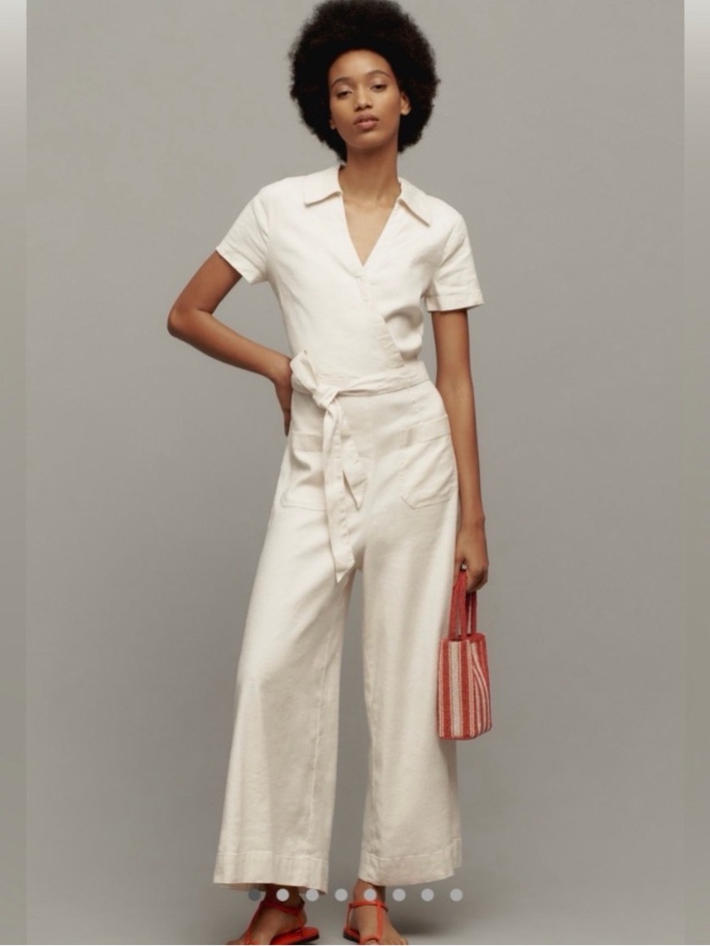 Maeve Cream Short-Sleeve Wide-Leg Utility Jumpsuit